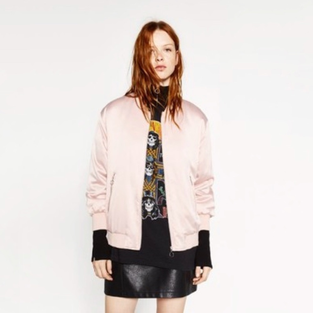 ZARA Soft Blush Pink Oversized Cozy Plush Puffy Bomber Jacket with O-Ring Detail